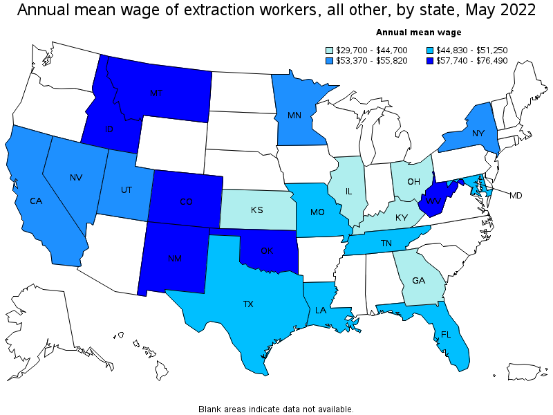Map of annual mean wages of extraction workers, all other by state, May 2022