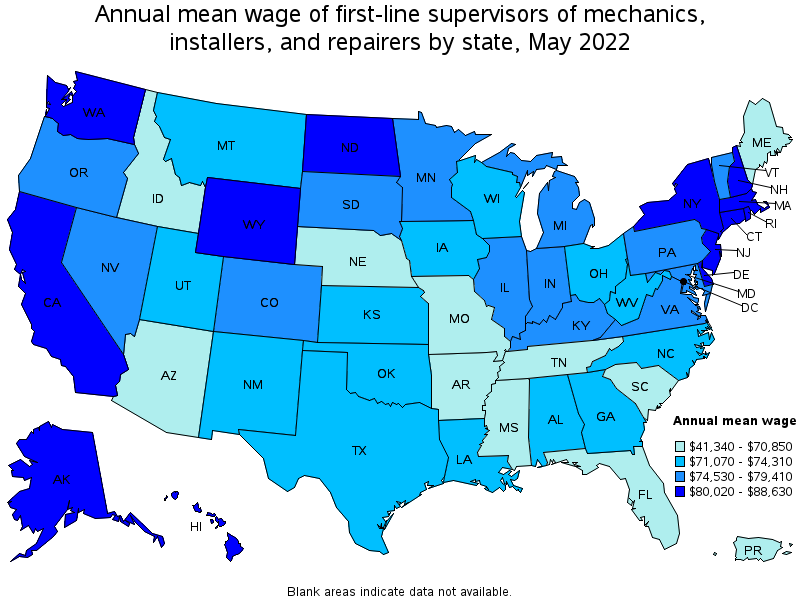 Map of annual mean wages of first-line supervisors of mechanics, installers, and repairers by state, May 2022