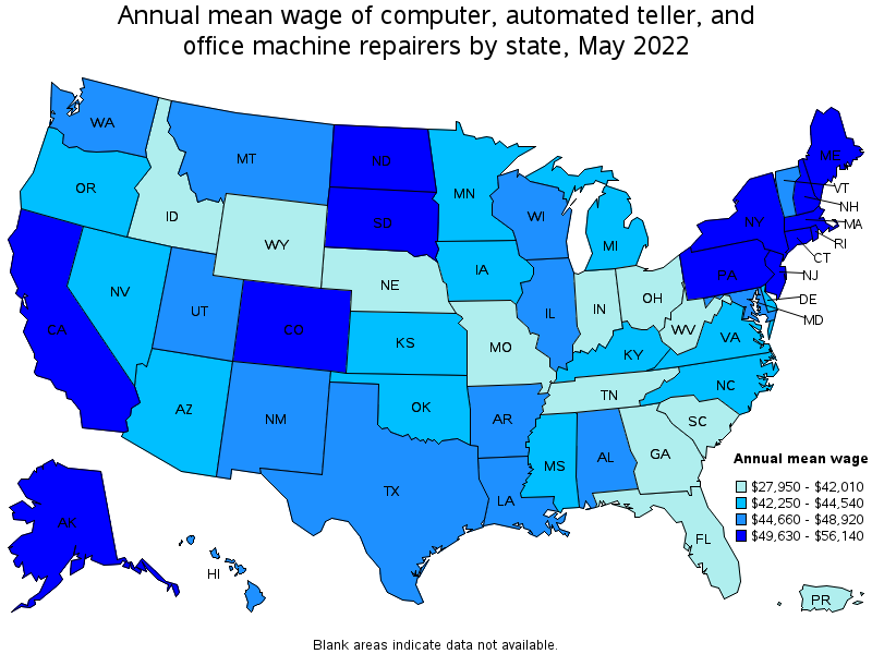 Map of annual mean wages of computer, automated teller, and office machine repairers by state, May 2022