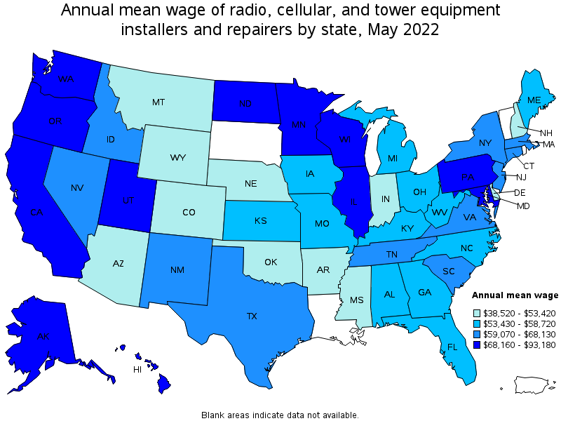 Map of annual mean wages of radio, cellular, and tower equipment installers and repairers by state, May 2022