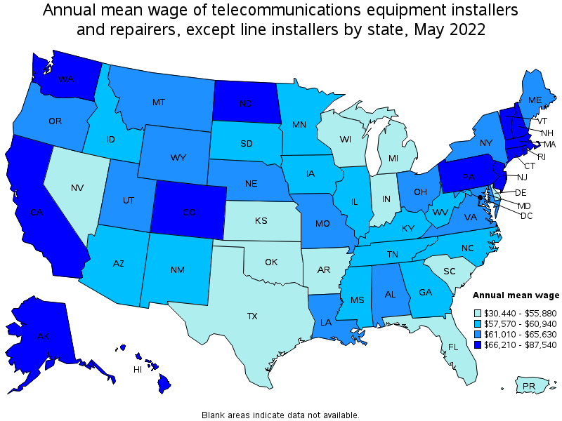 Map of annual mean wages of telecommunications equipment installers and repairers, except line installers by state, May 2022