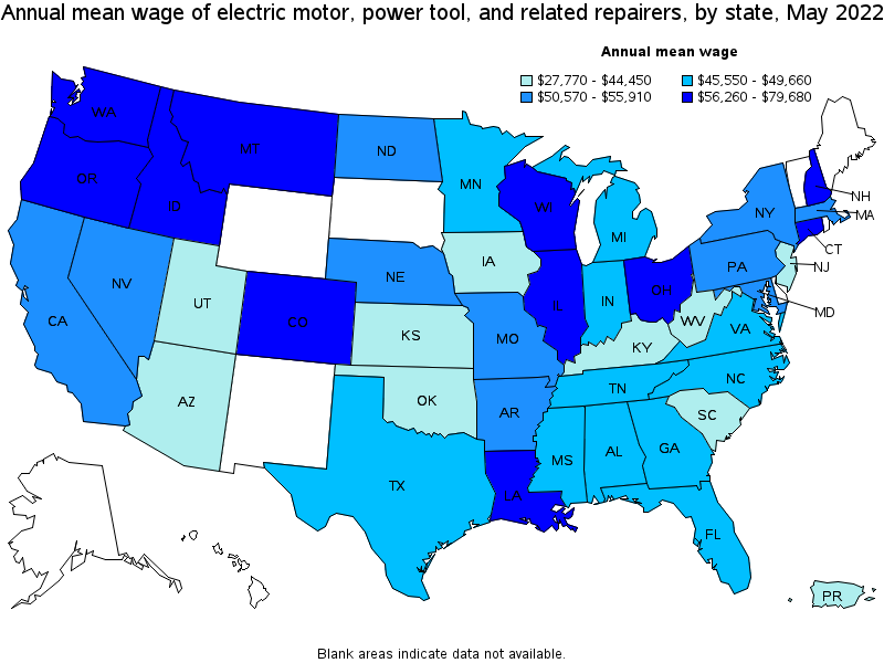 Map of annual mean wages of electric motor, power tool, and related repairers by state, May 2022
