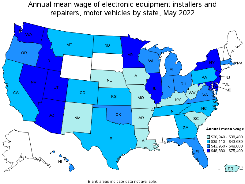 Map of annual mean wages of electronic equipment installers and repairers, motor vehicles by state, May 2022