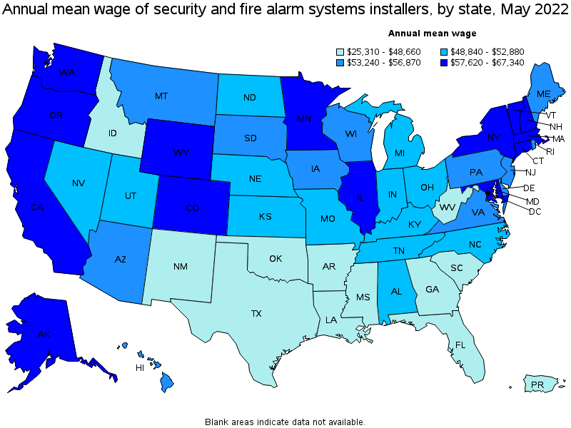 Map of annual mean wages of security and fire alarm systems installers by state, May 2022