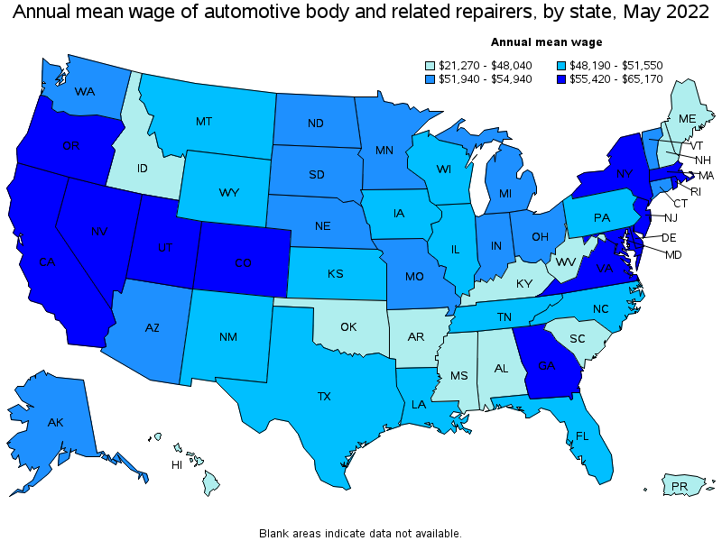 Map of annual mean wages of automotive body and related repairers by state, May 2022