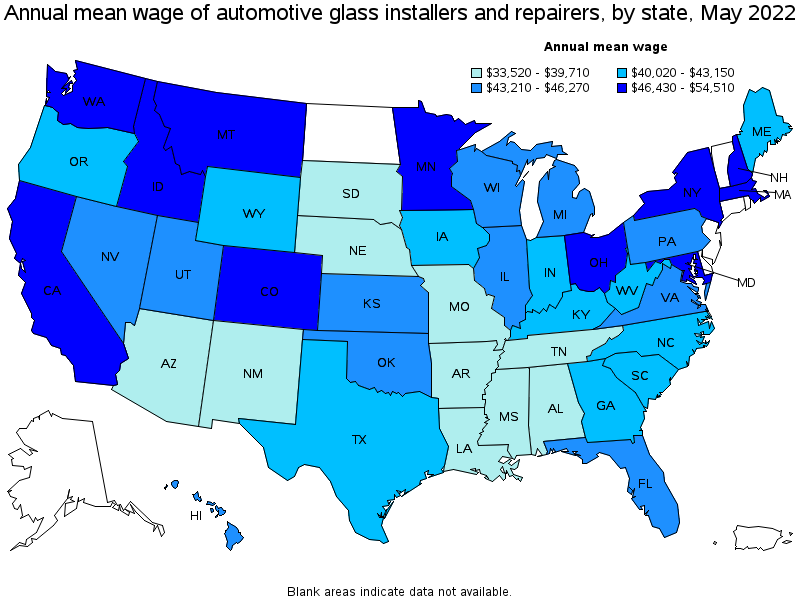 Map of annual mean wages of automotive glass installers and repairers by state, May 2022