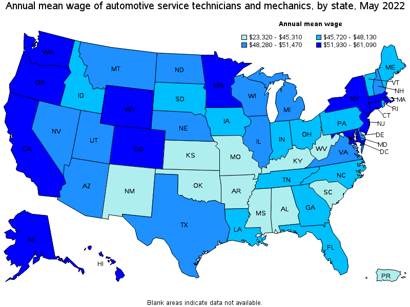 Map of annual mean wages of automotive service technicians and mechanics by state, May 2022
