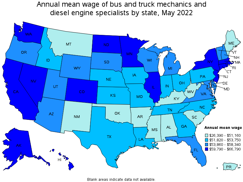 Map of annual mean wages of bus and truck mechanics and diesel engine specialists by state, May 2022