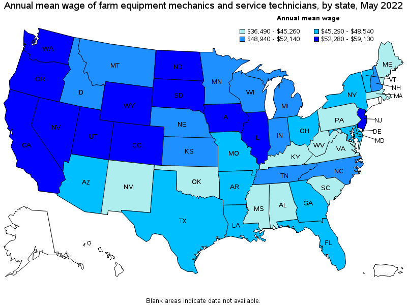 Map of annual mean wages of farm equipment mechanics and service technicians by state, May 2022