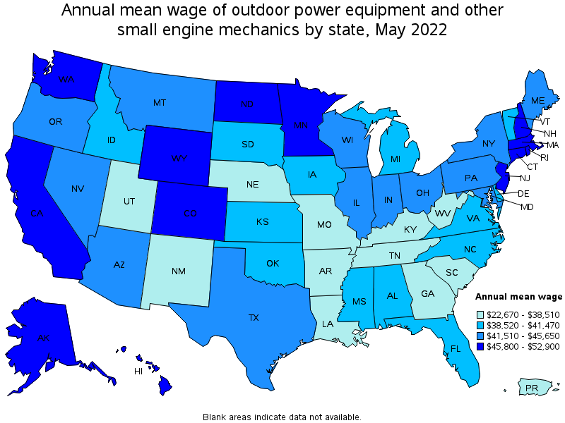 Map of annual mean wages of outdoor power equipment and other small engine mechanics by state, May 2022