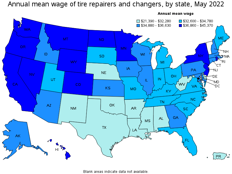 Map of annual mean wages of tire repairers and changers by state, May 2022