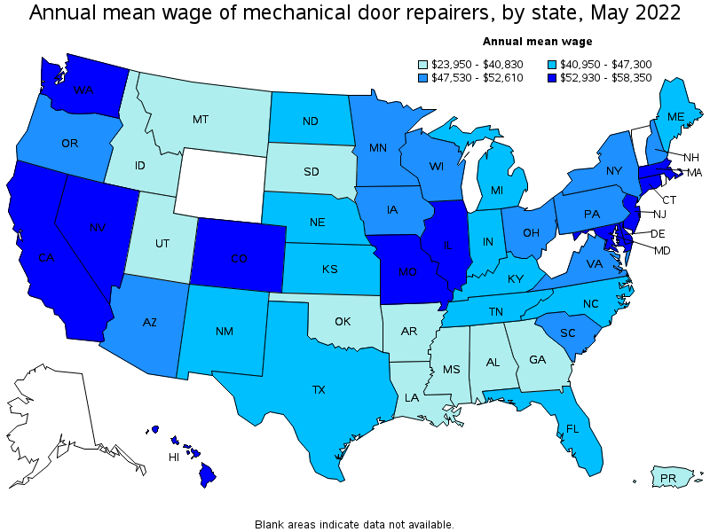 Map of annual mean wages of mechanical door repairers by state, May 2022
