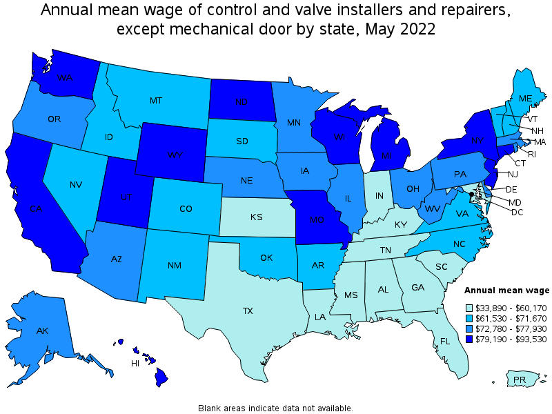 Map of annual mean wages of control and valve installers and repairers, except mechanical door by state, May 2022