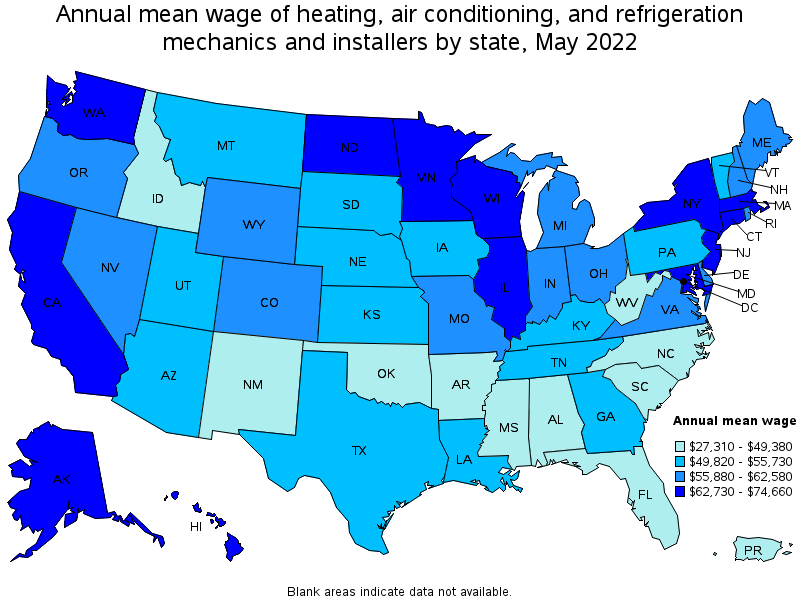 Map of annual mean wages of heating, air conditioning, and refrigeration mechanics and installers by state, May 2022