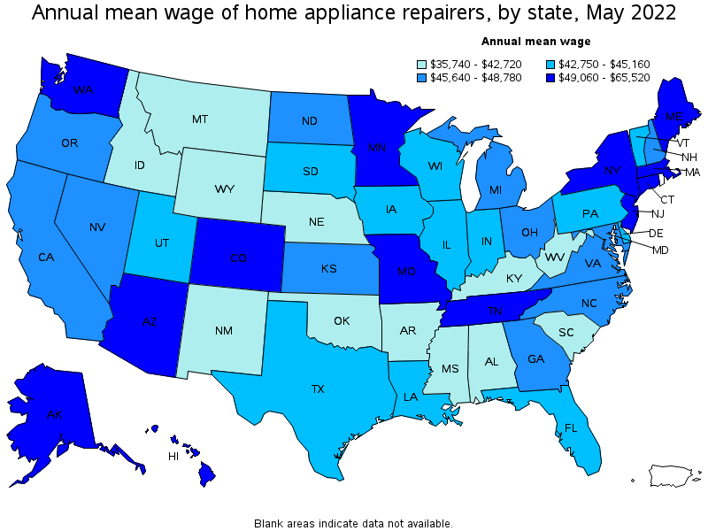 Map of annual mean wages of home appliance repairers by state, May 2022
