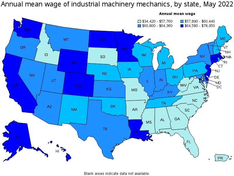 Map of annual mean wages of industrial machinery mechanics by state, May 2022