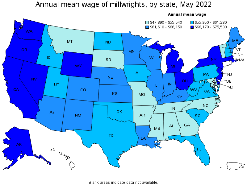 Map of annual mean wages of millwrights by state, May 2022
