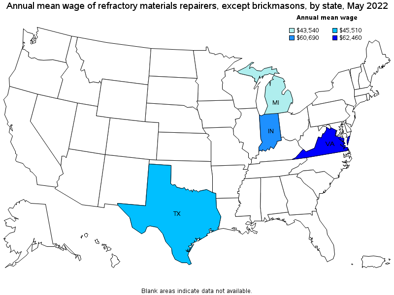 Map of annual mean wages of refractory materials repairers, except brickmasons by state, May 2022