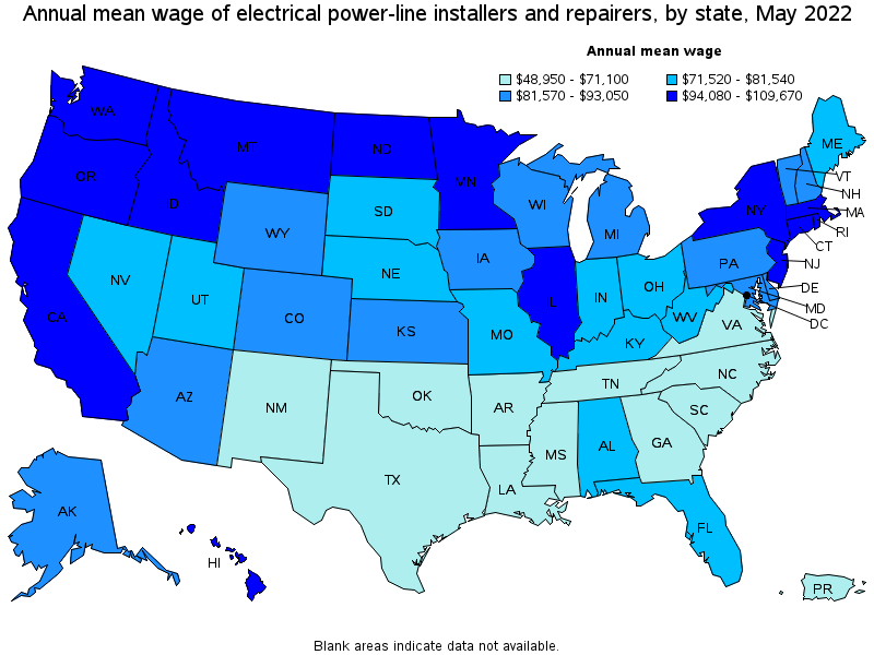 Map of annual mean wages of electrical power-line installers and repairers by state, May 2022