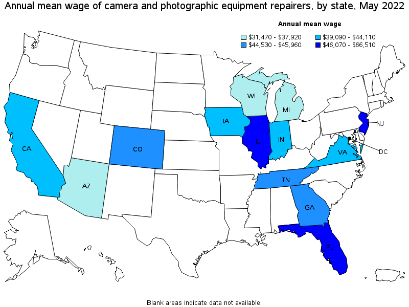Map of annual mean wages of camera and photographic equipment repairers by state, May 2022