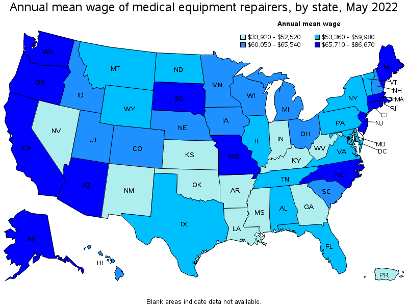 Map of annual mean wages of medical equipment repairers by state, May 2022