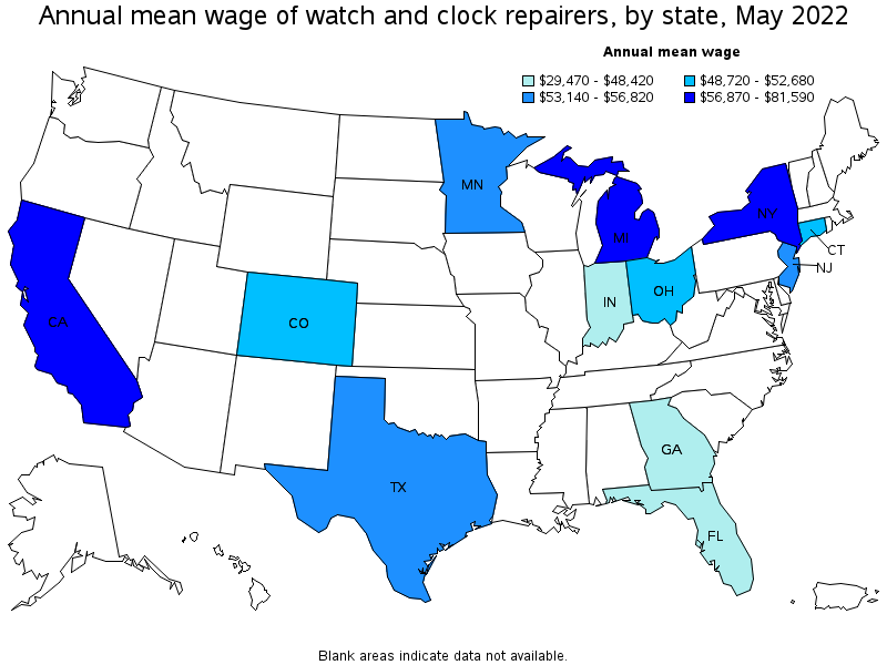 Map of annual mean wages of watch and clock repairers by state, May 2022