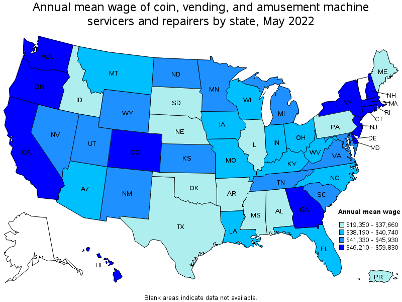 Map of annual mean wages of coin, vending, and amusement machine servicers and repairers by state, May 2022