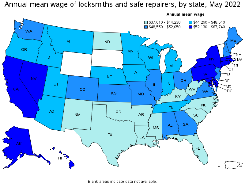 Map of annual mean wages of locksmiths and safe repairers by state, May 2022