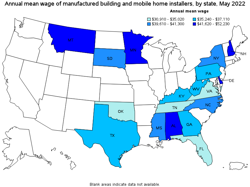 Map of annual mean wages of manufactured building and mobile home installers by state, May 2022