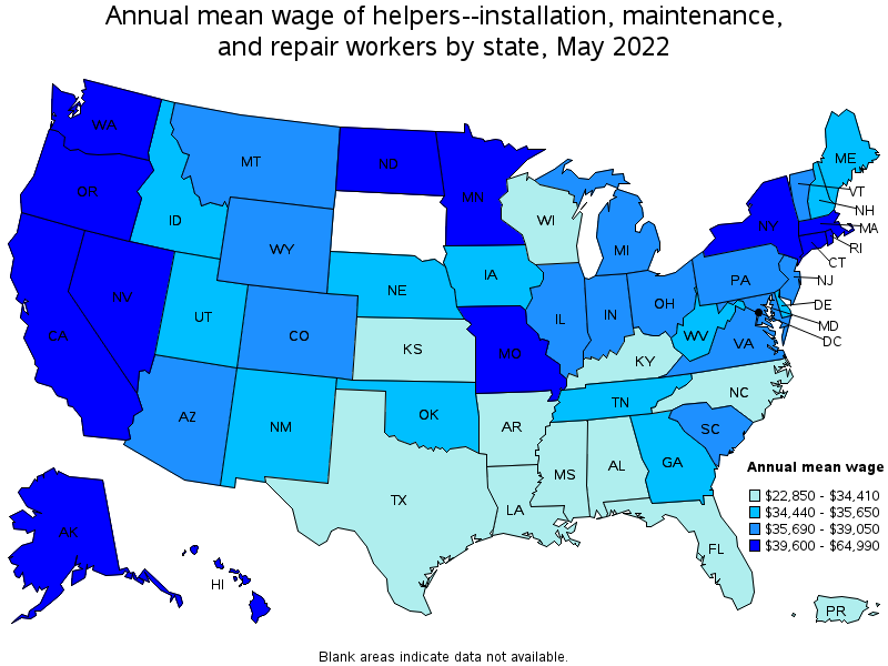 Map of annual mean wages of helpers--installation, maintenance, and repair workers by state, May 2022