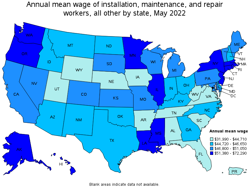 Map of annual mean wages of installation, maintenance, and repair workers, all other by state, May 2022