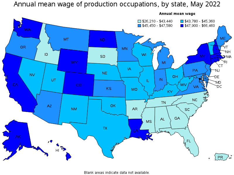 Map of annual mean wages of production occupations by state, May 2022