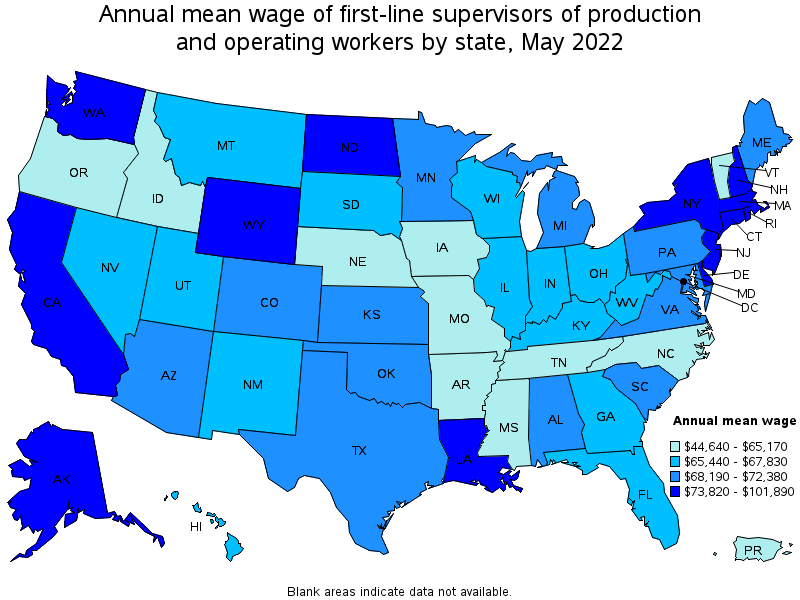 Map of annual mean wages of first-line supervisors of production and operating workers by state, May 2022