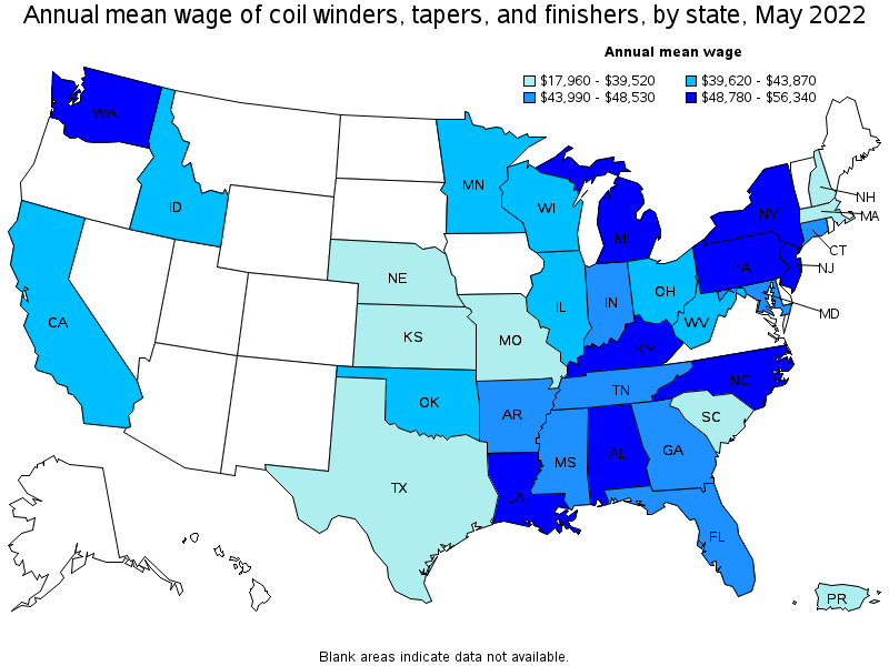 Map of annual mean wages of coil winders, tapers, and finishers by state, May 2022