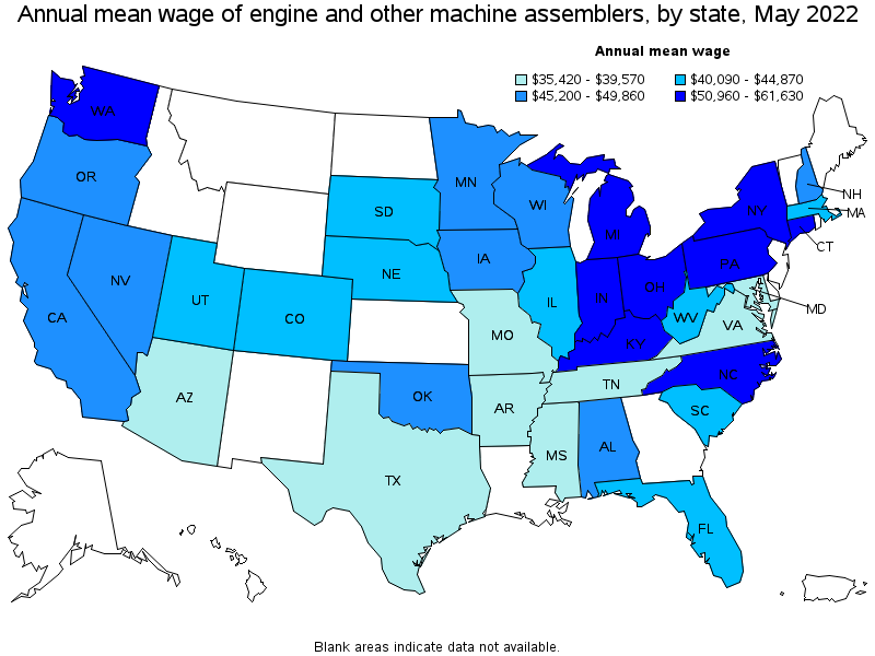 Map of annual mean wages of engine and other machine assemblers by state, May 2022