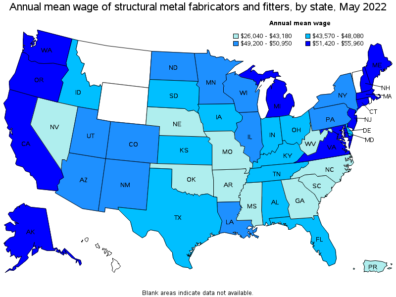 Map of annual mean wages of structural metal fabricators and fitters by state, May 2022