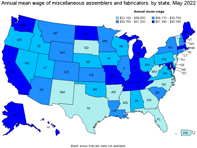 Map of annual mean wages of miscellaneous assemblers and fabricators by state, May 2022
