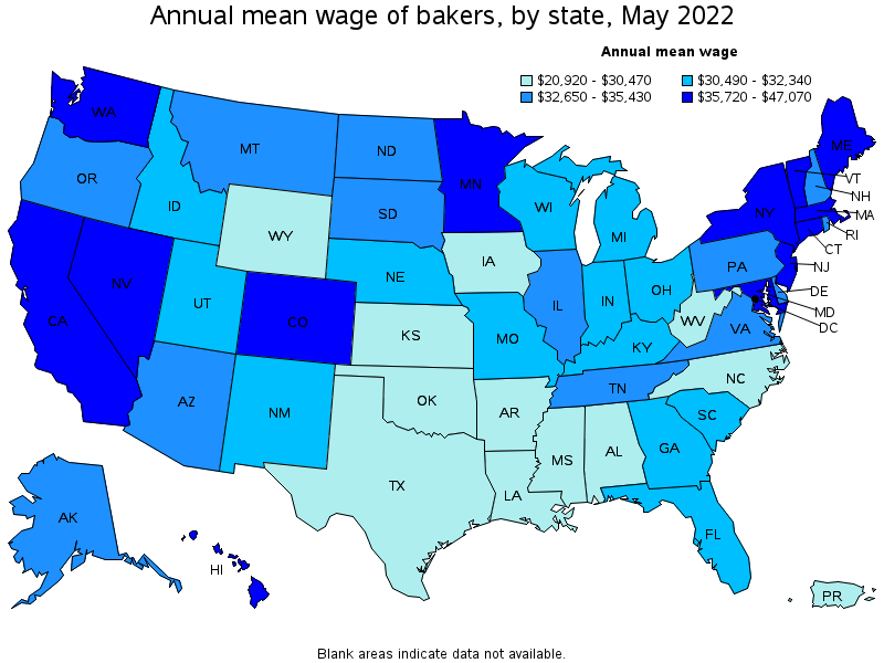 Map of annual mean wages of bakers by state, May 2022