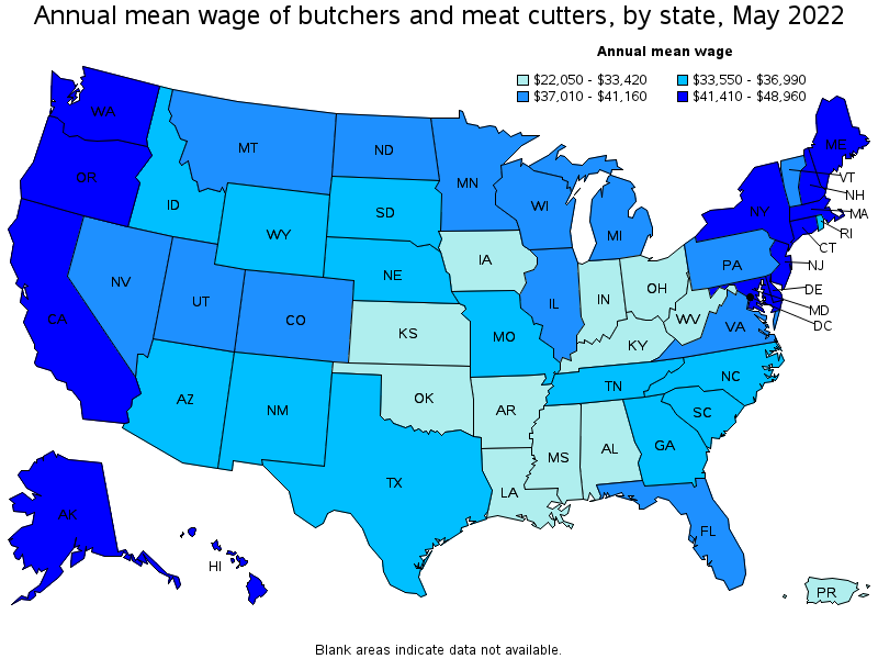 Map of annual mean wages of butchers and meat cutters by state, May 2022