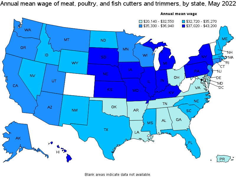 Map of annual mean wages of meat, poultry, and fish cutters and trimmers by state, May 2022