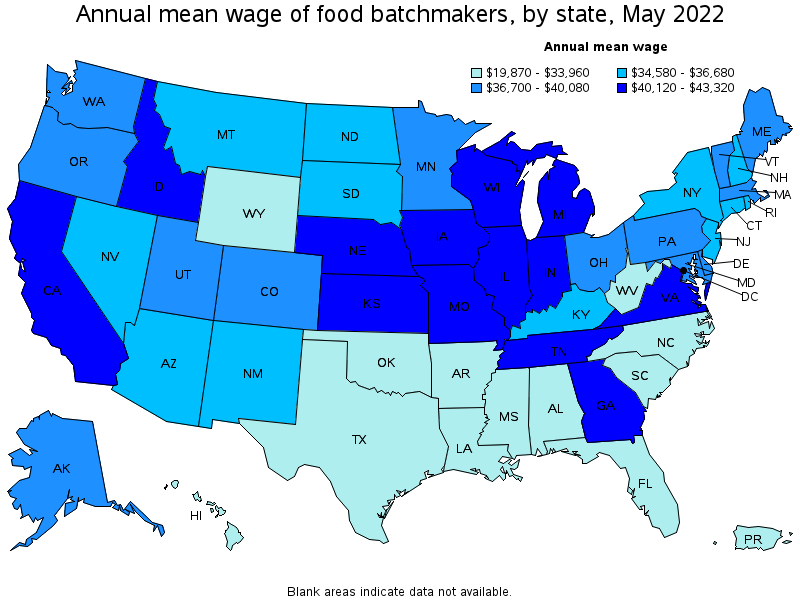 Map of annual mean wages of food batchmakers by state, May 2022