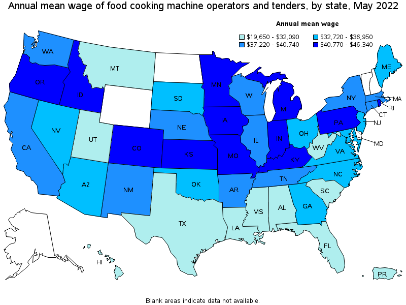Map of annual mean wages of food cooking machine operators and tenders by state, May 2022