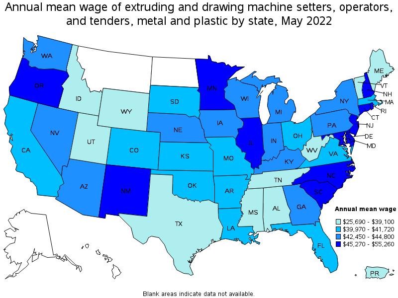 Map of annual mean wages of extruding and drawing machine setters, operators, and tenders, metal and plastic by state, May 2022