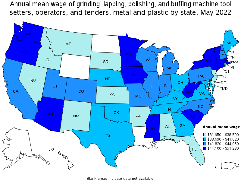 Map of annual mean wages of grinding, lapping, polishing, and buffing machine tool setters, operators, and tenders, metal and plastic by state, May 2022