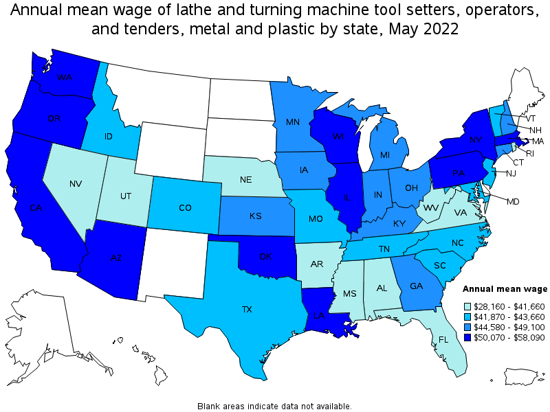 Map of annual mean wages of lathe and turning machine tool setters, operators, and tenders, metal and plastic by state, May 2022