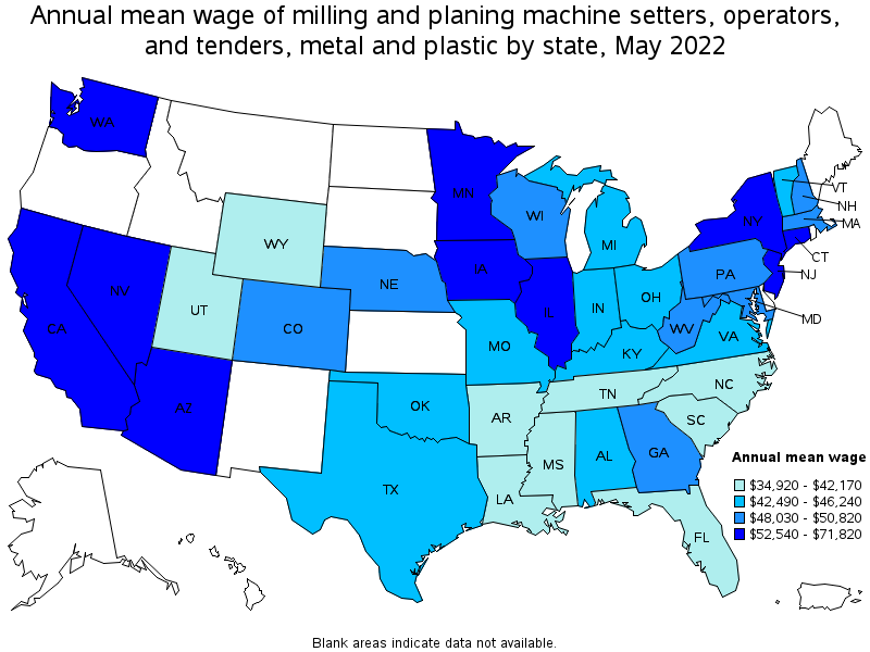Map of annual mean wages of milling and planing machine setters, operators, and tenders, metal and plastic by state, May 2022