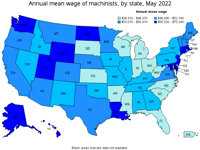 Map of annual mean wages of machinists by state, May 2022
