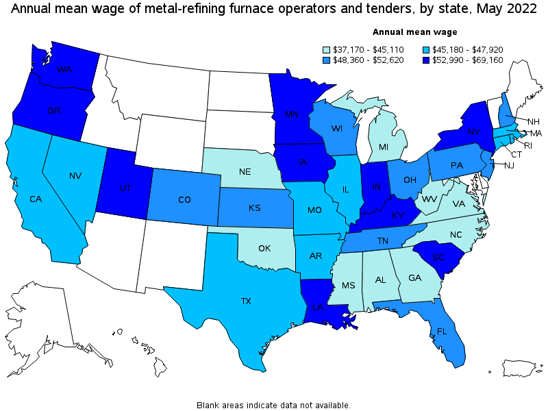 Map of annual mean wages of metal-refining furnace operators and tenders by state, May 2022