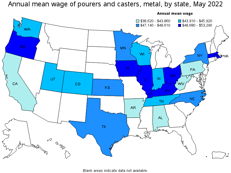 Map of annual mean wages of pourers and casters, metal by state, May 2022