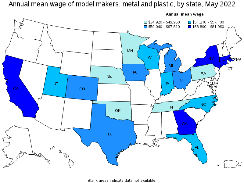 Map of annual mean wages of model makers, metal and plastic by state, May 2022
